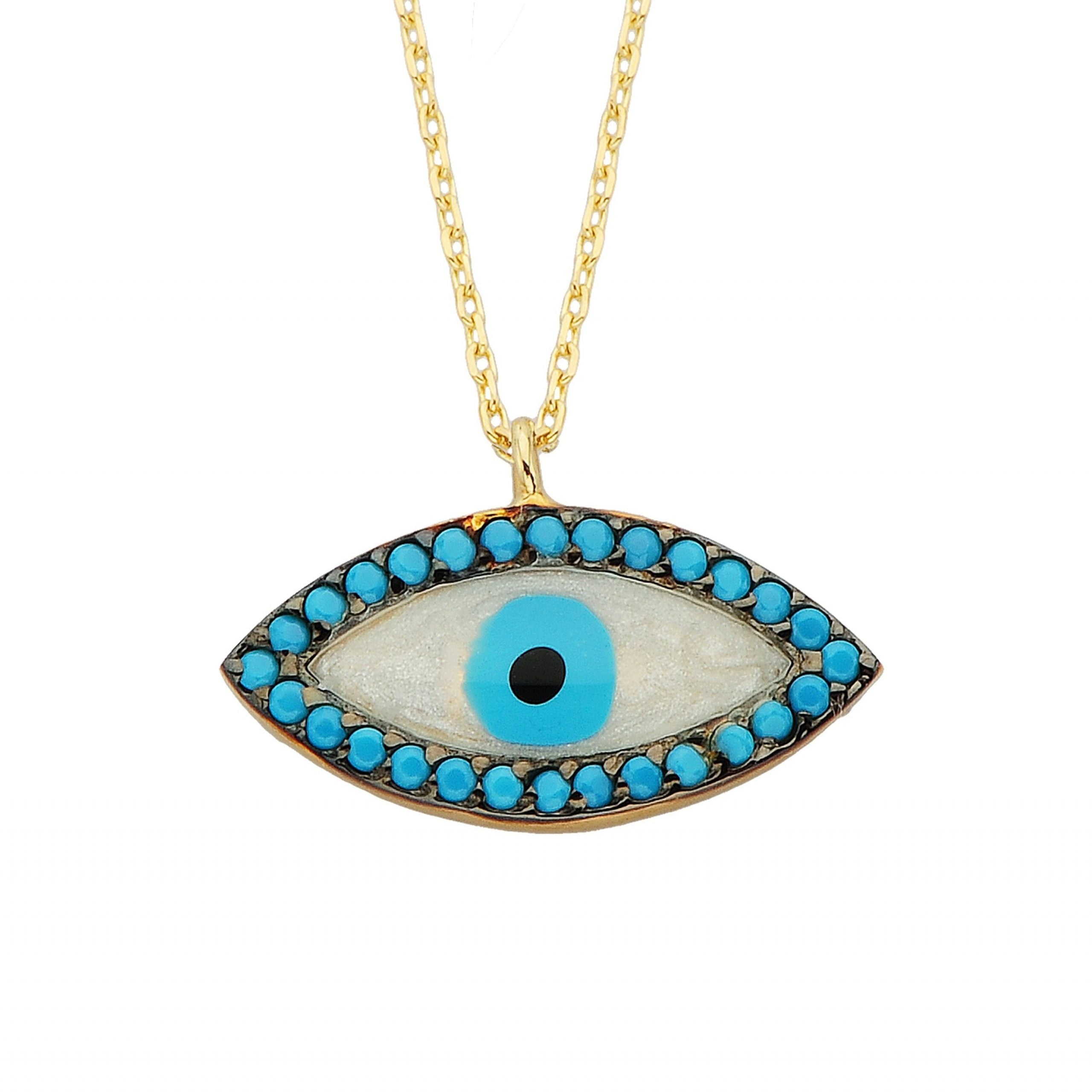 14K Real Solid Gold Lucky Evil Eye with Mother of Pearl Necklace for Women Dainty Turkish Evil Eye Cats Eye Faith Nazar Protection Pendant Birthday Christmas Mother’s Day Gift